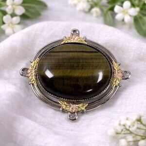 Vintage Tigers Eye Brooch Gold Tone Leaf Pin Silver Tone Stone Statement Brooch
